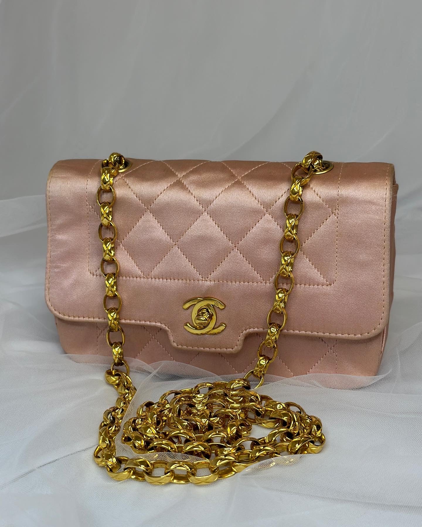 Chanel pink satin Diana with bijoux chain