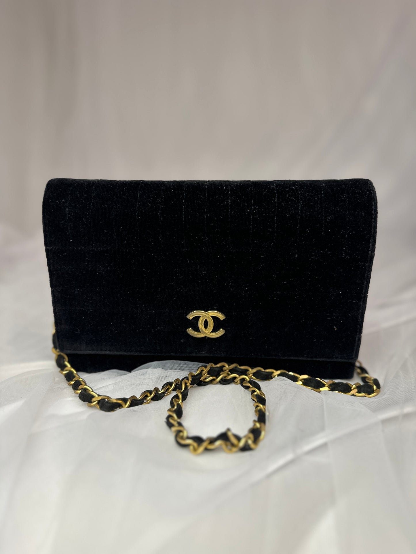 Chanel black velvet mademoiselle shoulder bag