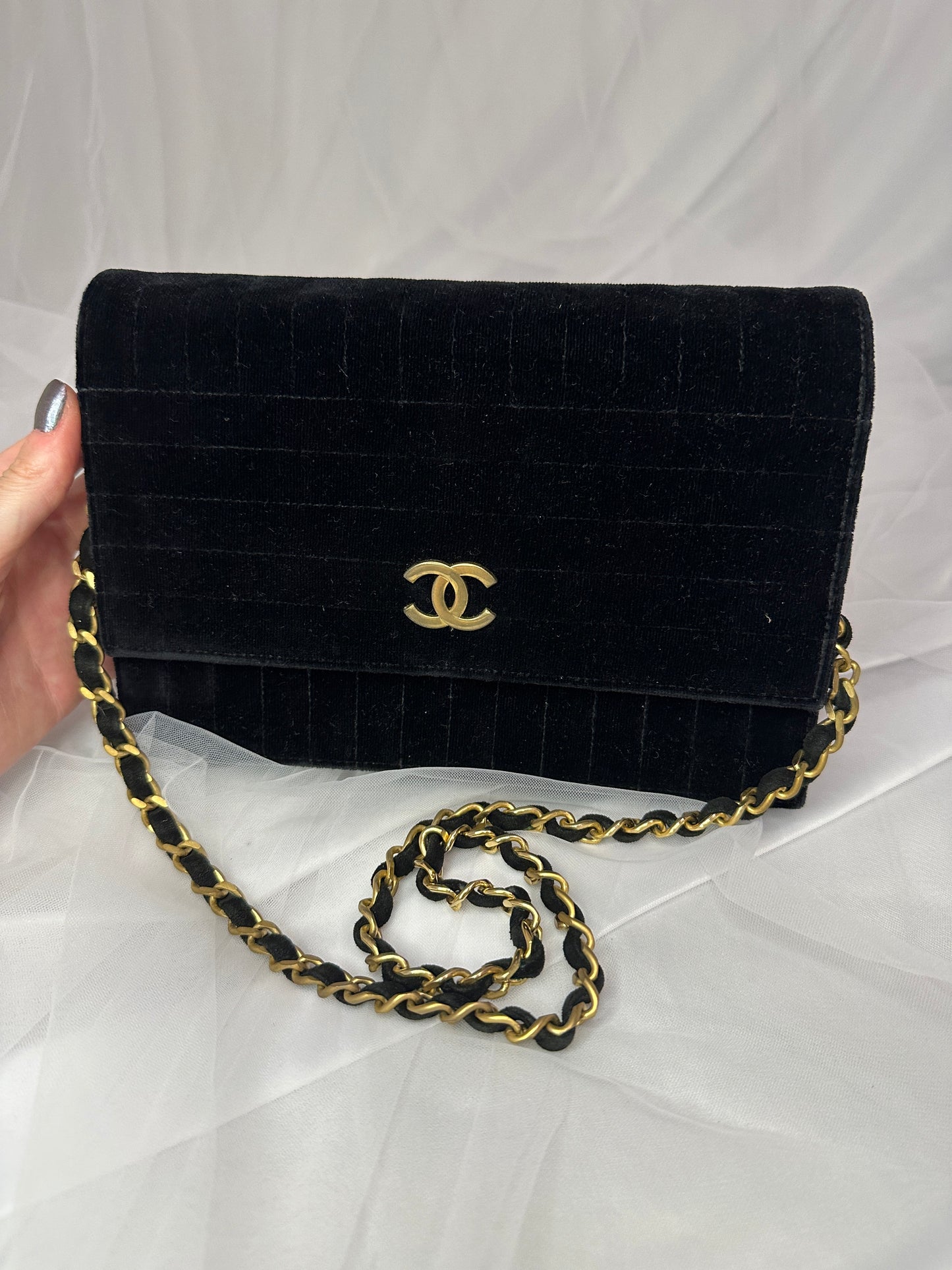 Chanel black velvet mademoiselle shoulder bag