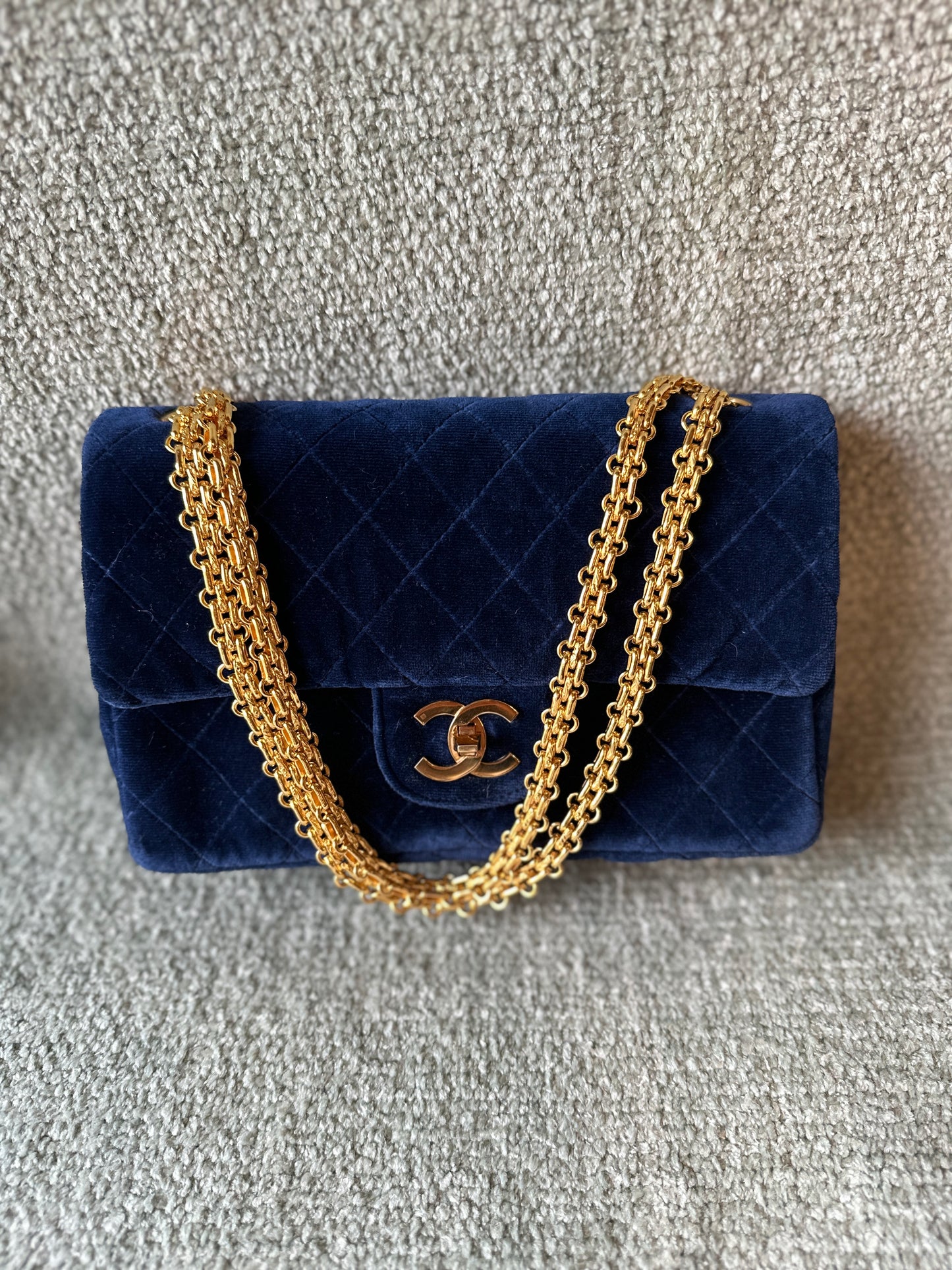 Chanel navy blue velvet double flap shoulder bag with gold hardware CC