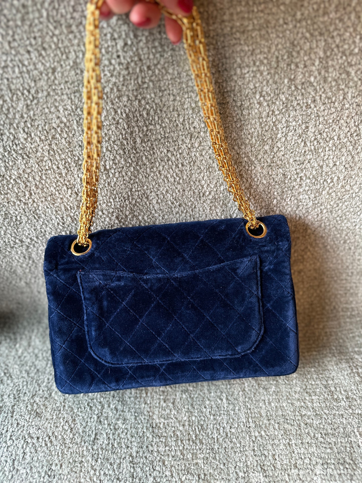 Chanel navy blue velvet double flap shoulder bag with gold hardware CC