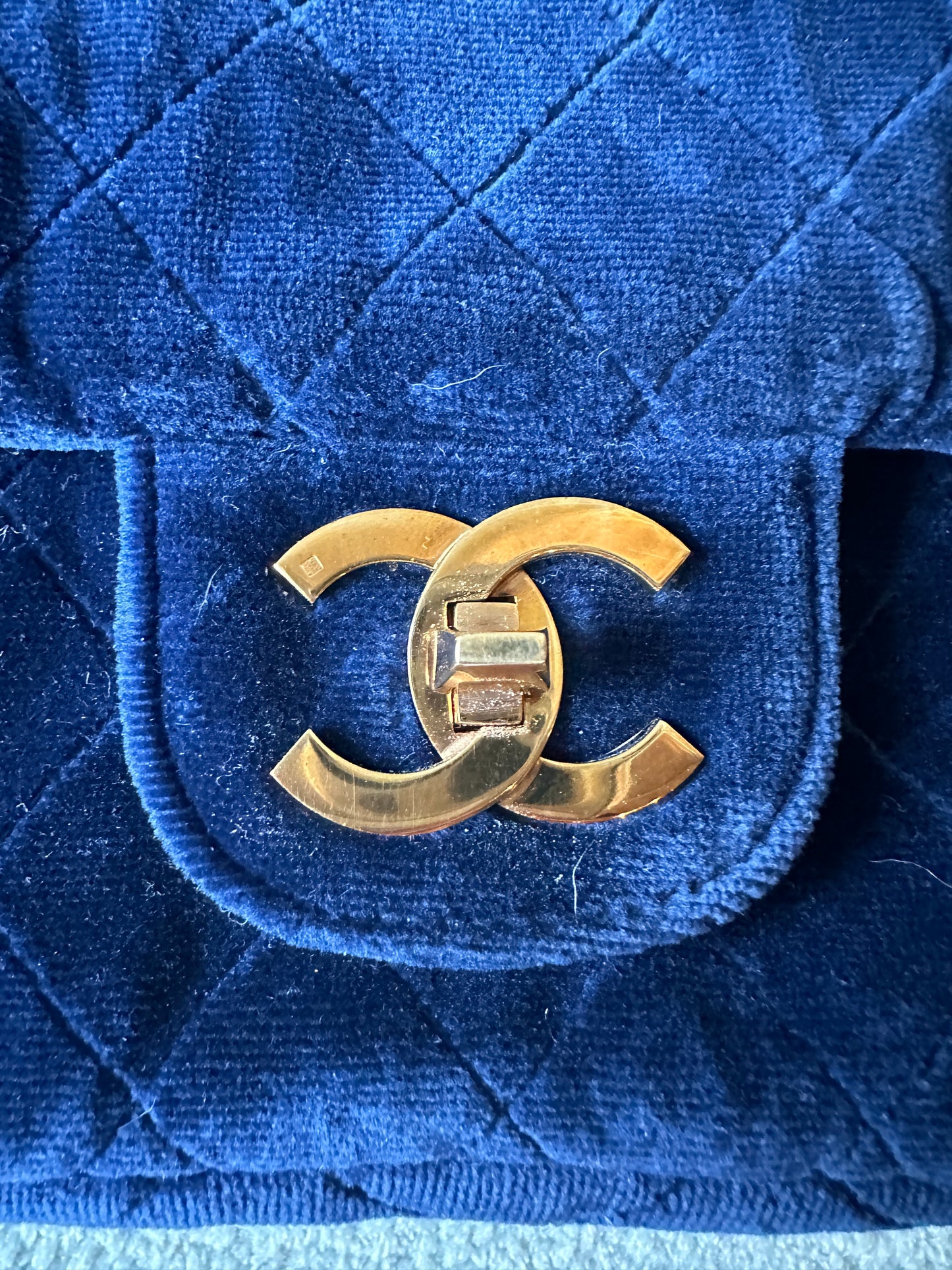 Chanel navy blue velvet double flap shoulder bag with gold hardware CC