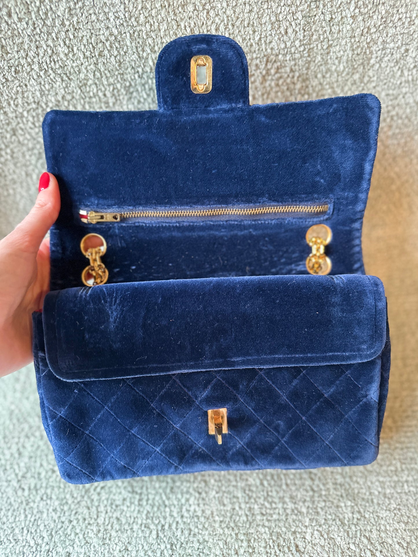 Chanel navy blue velvet double flap shoulder bag with gold hardware CC