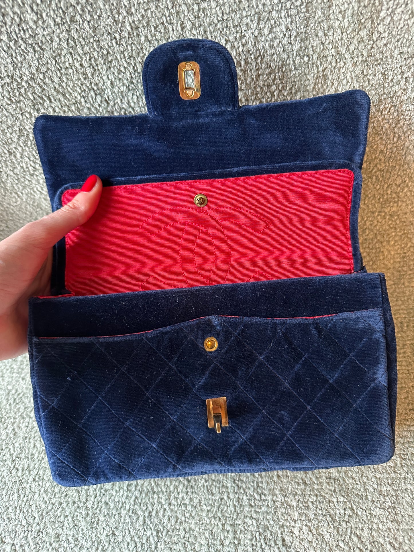 Chanel navy blue velvet double flap shoulder bag with gold hardware CC