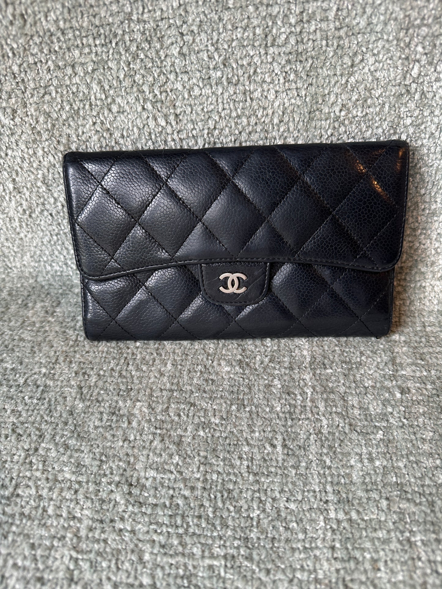 Chanel caviar long wallet black silver hardware bifold