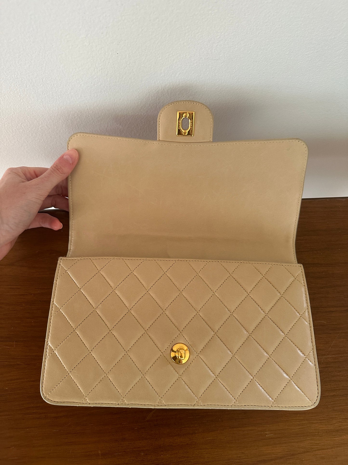 Chanel beige lambskin half flap single flap with gold hardware