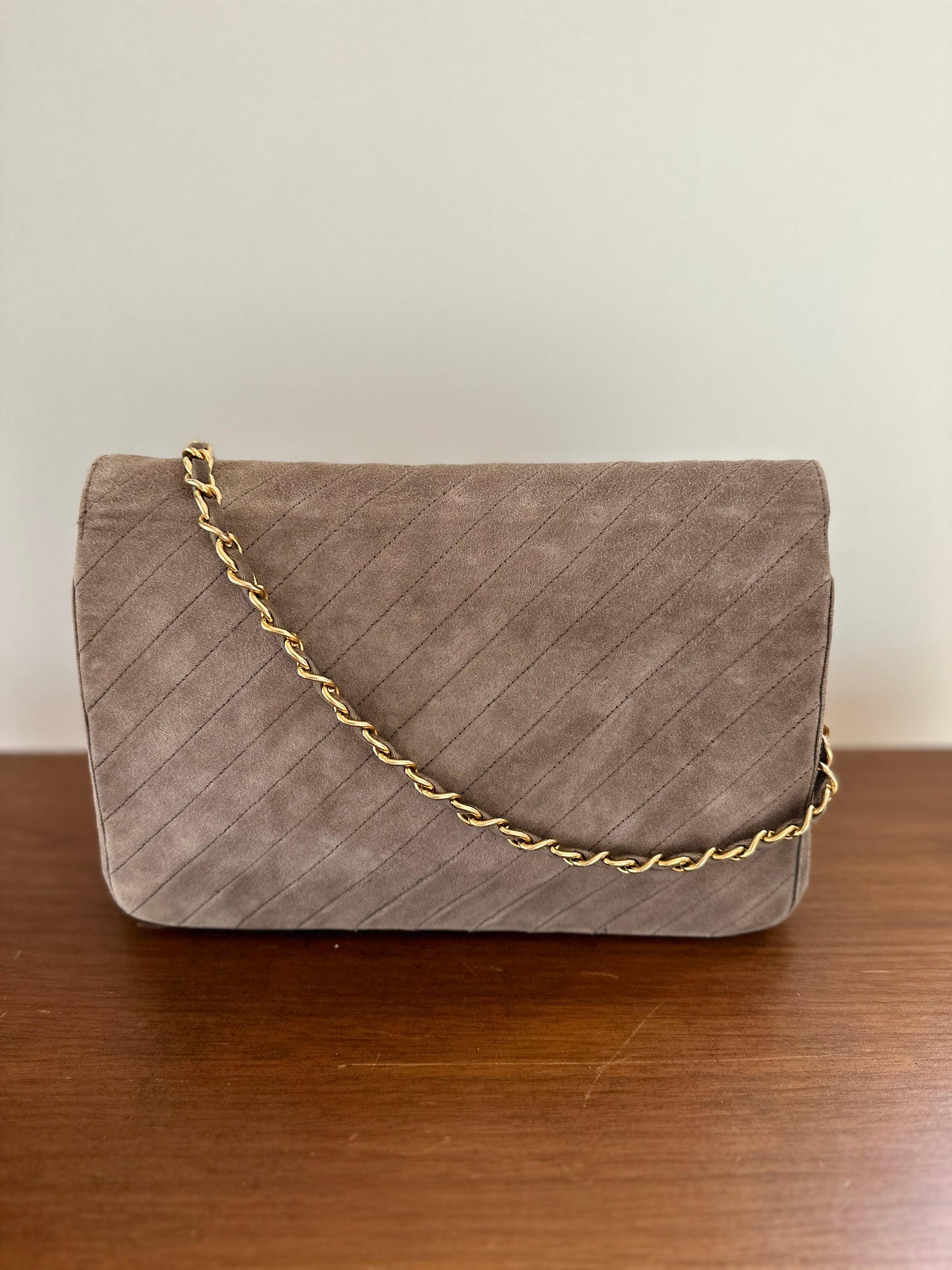 Chanel light brown suede shoulder bag with diagonal quilting