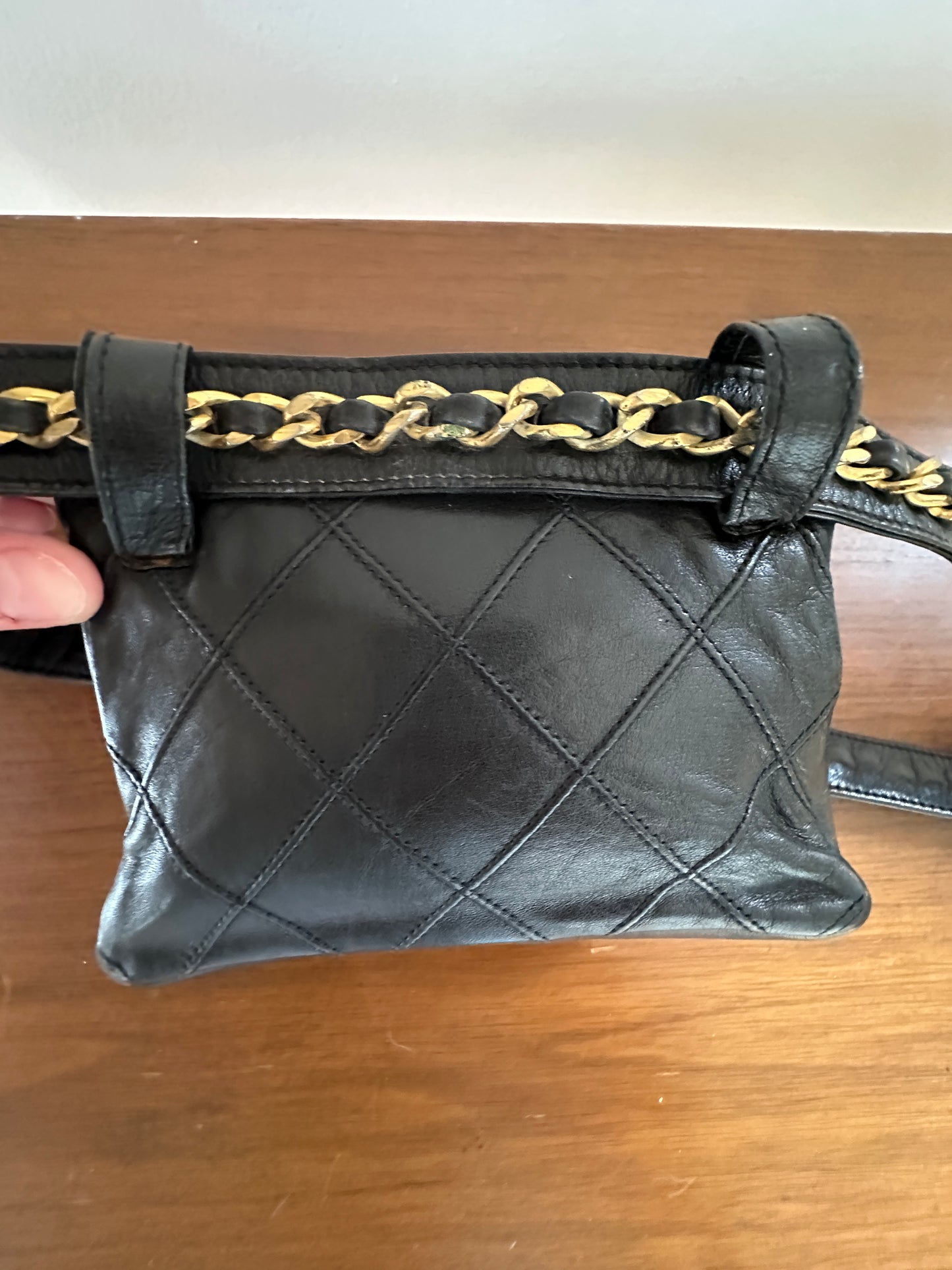 Chanel vintage black leather waist/belt bag gold hardware